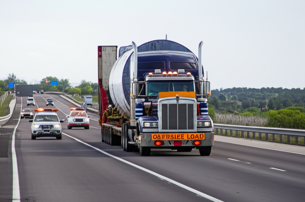 Professional oversize load transport on highway with escort vehicles